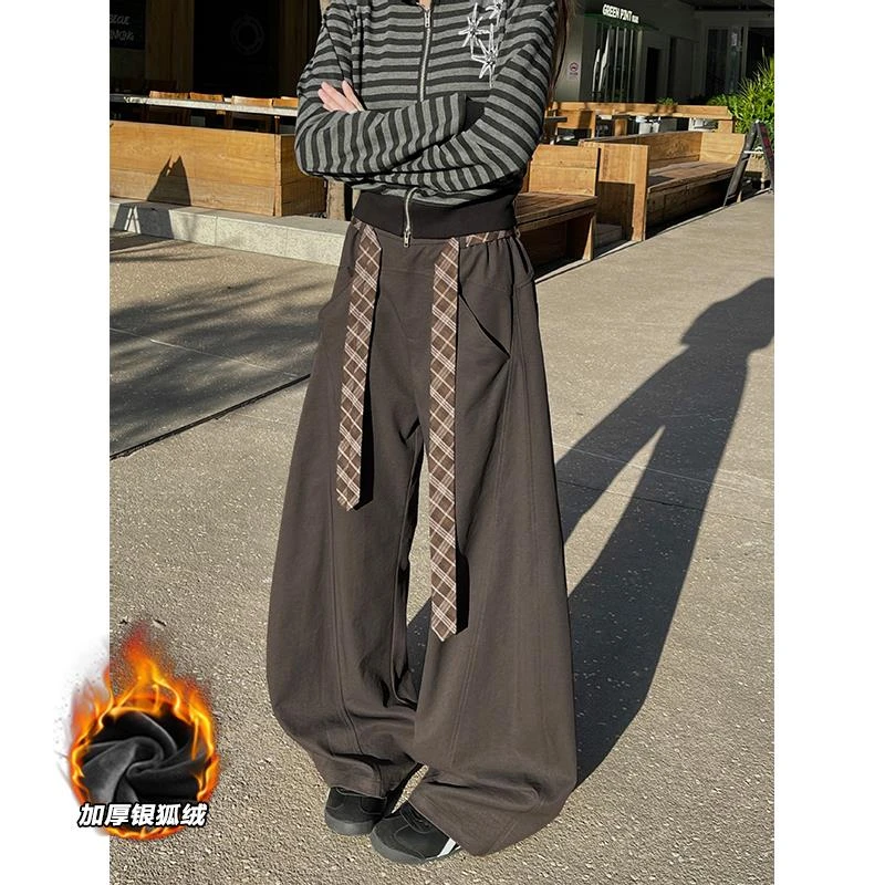 重磅加绒设计感弯刀休闲西裤男秋冬日系复古潮牌慵懒阔腿直筒裤子