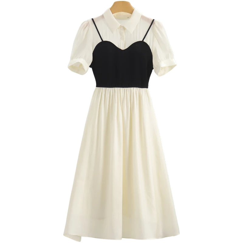 F2127-【特价-占单者限购】假两件显瘦高腰短袖连衣裙#BMS56L012