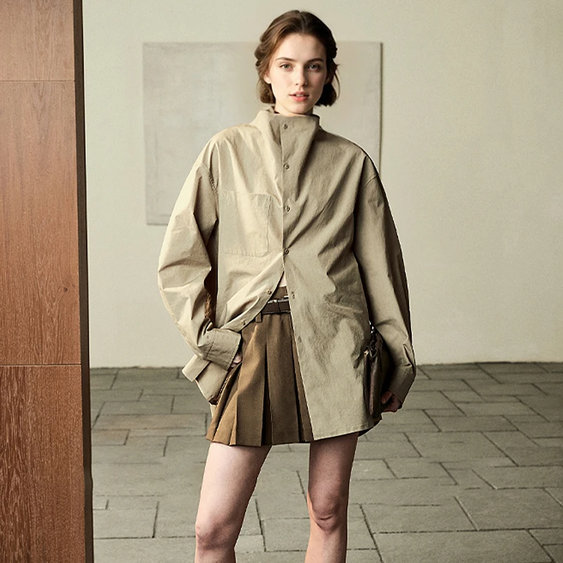 设计感立领衬衫女纯棉宽松显瘦中长款高级感通勤廓形纯色气质衬衣