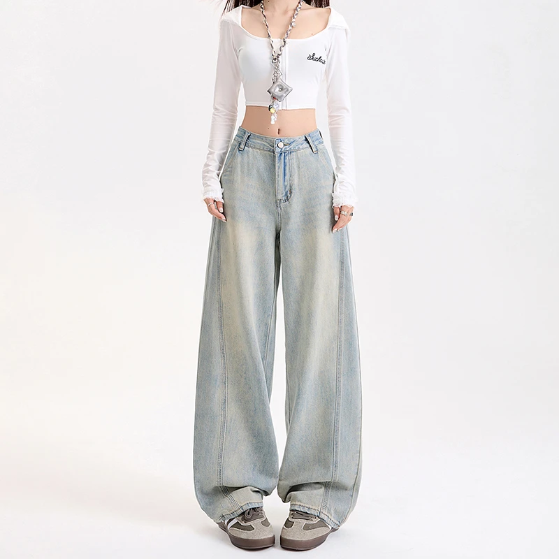 浅蓝高腰直筒弯刀牛仔裤女2025春季新款设计感宽松显瘦拖地镰刀裤