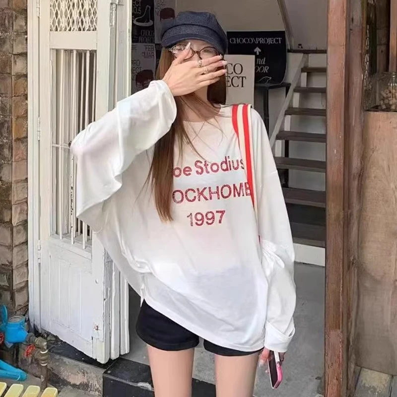 柔软字母长袖T恤内搭宽松休闲百搭上衣女打底长袖防晒罩衫夏轻薄