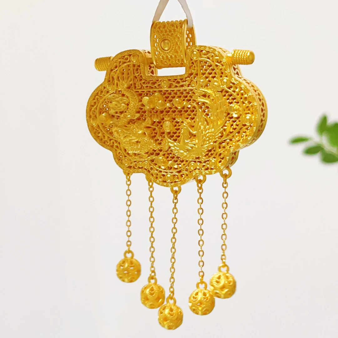 吊坠足银 龙凤双喜天子门生锁挂坠民族风国风