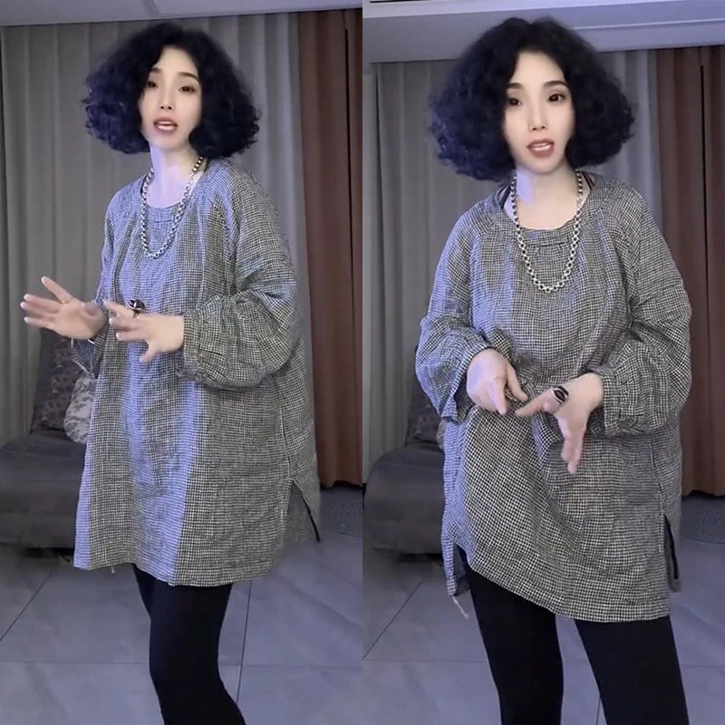 欧洲站2025春季新款时尚洋气百搭休闲宽松大码中长款麻料格子衬衫