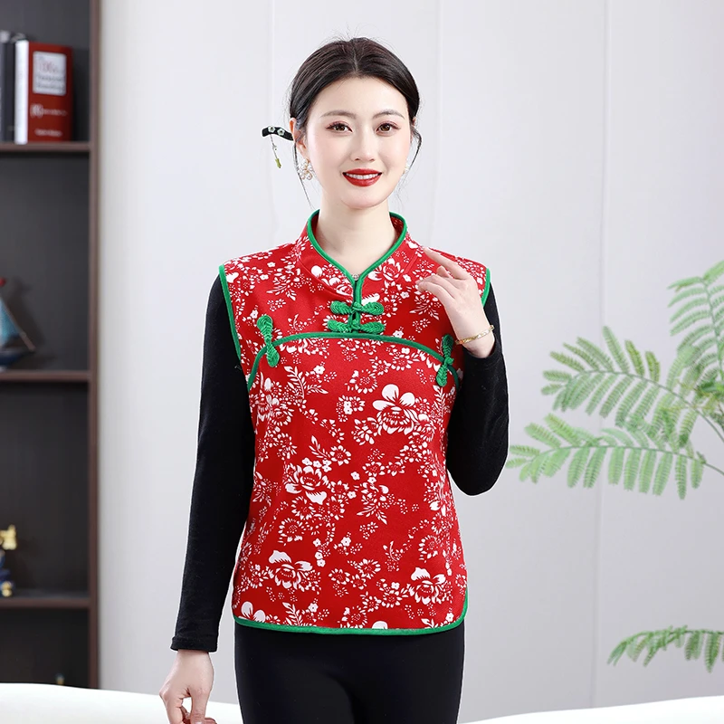 春秋新款复古东北大花马甲女坎肩洋气民族风盘扣背心休闲短款马夹