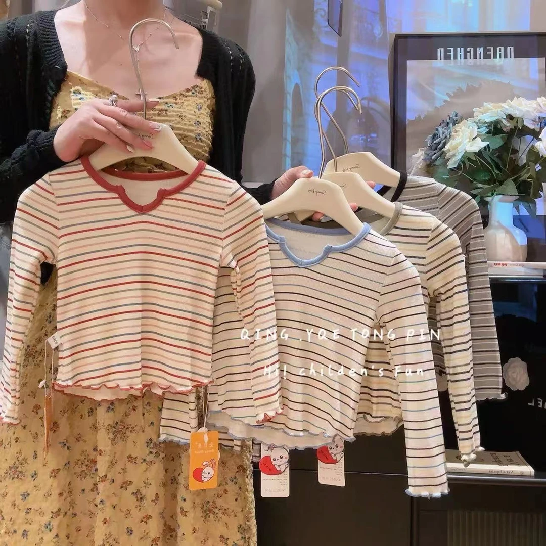 2025春秋季新款儿童百搭撞色条纹女童韩版V领宝宝洋气打底衫T恤