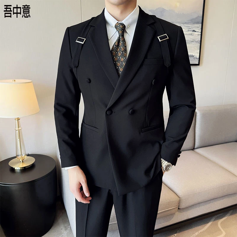 设计感背带西装男套装两件套韩版修身商务休闲时尚百搭高级感西服