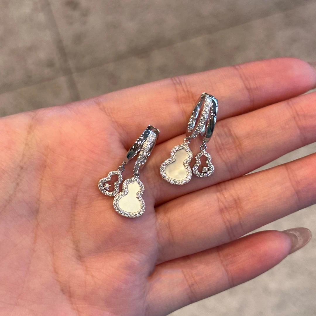 铜合金耳饰 新中式闪钻双葫芦耳环女吊坠精致耳钉高级感方脸耳饰