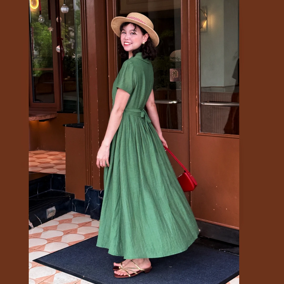 （绿裙）法式优雅精致感衬衫领连衣裙裙子女夏设计感正肩袖新款长裙