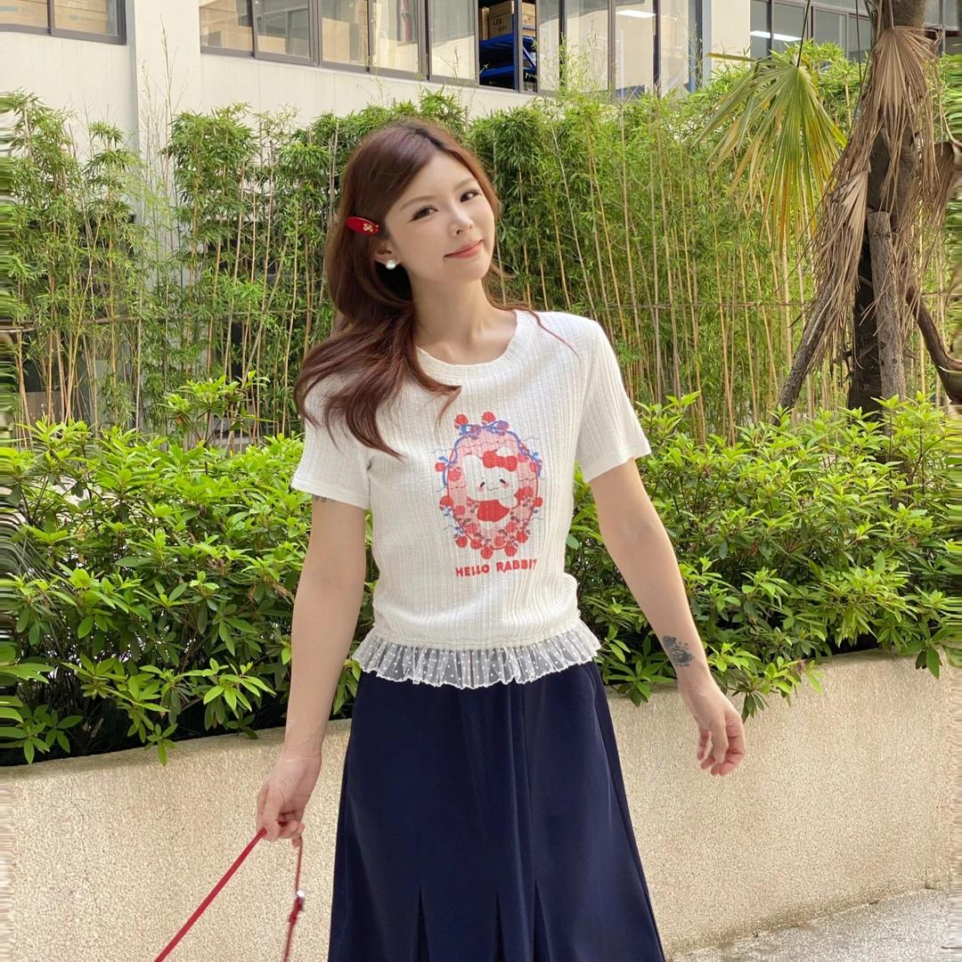 T-GEY【KT】小兔蕾丝拼接短袖T恤