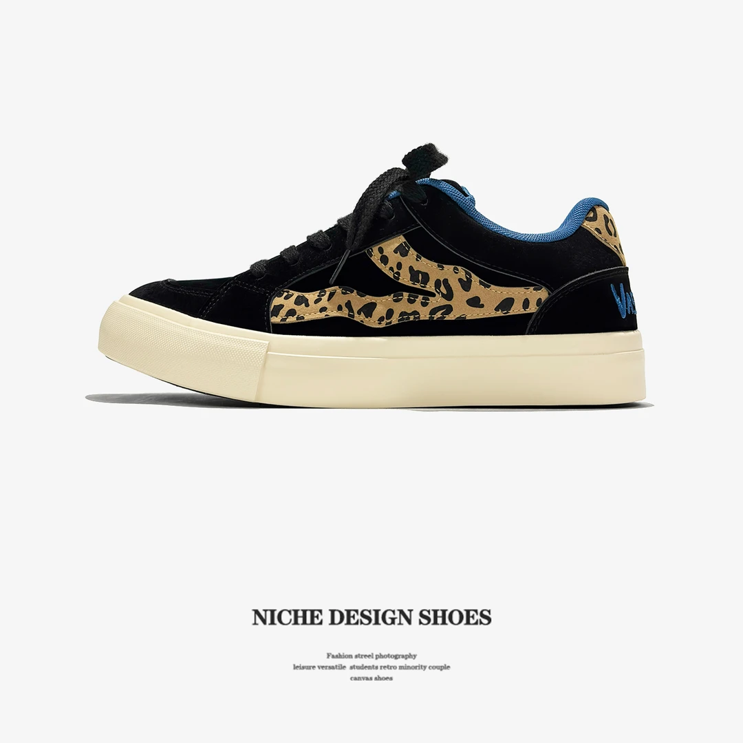 男鞋黑色豹纹滑板鞋男简约小众设计潮流板鞋男百搭运动休闲鞋