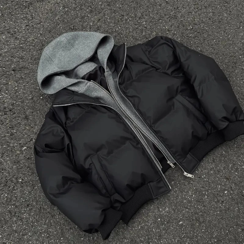 秋冬季PU皮假两件连帽宽松棉衣男女保暖短款潮流冬季纯色加厚棉服