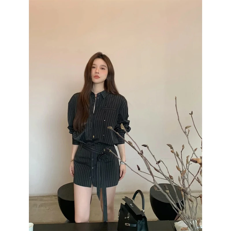 韩版时尚气质名媛条纹衬衫长袖连衣裙女2025秋季新款显瘦休闲短裙