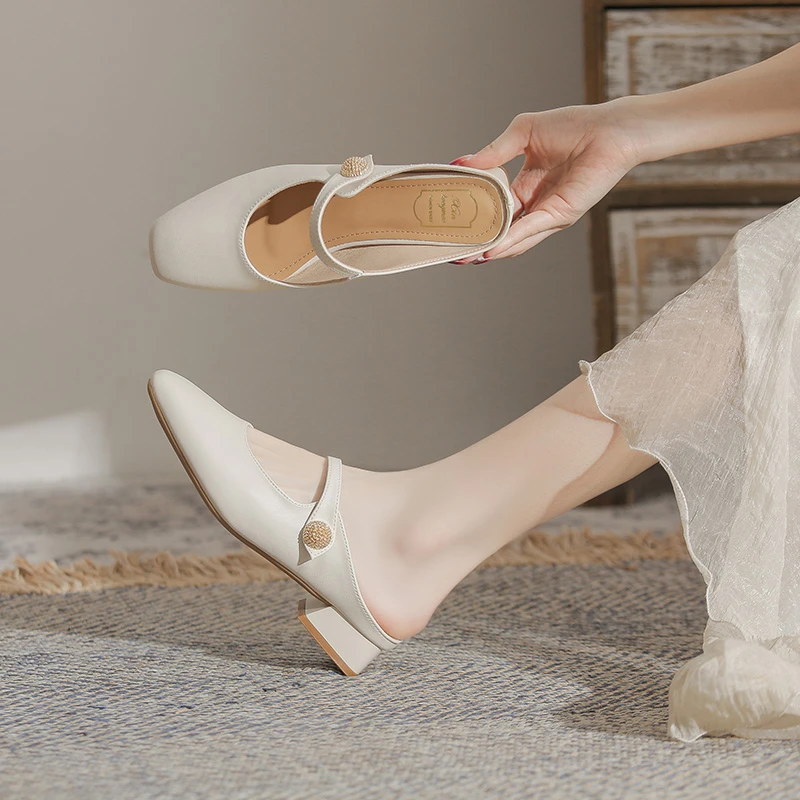 新款小香风包头凉鞋夏季真皮时尚凉拖复古休闲懒人厚底半拖配裙子