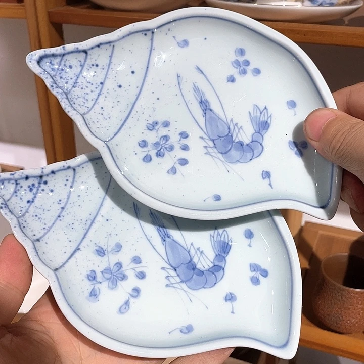 紫泥232全新福寿窑满手绘青花吹釉海螺三足盘