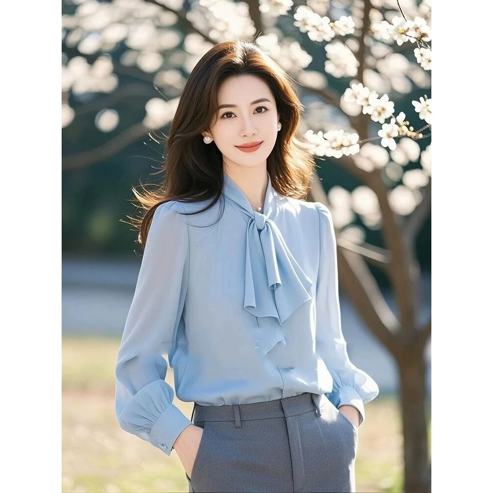 2025春装轻熟法式小众蓝色雪纺灯笼袖飘带衬衫女上衣独特漂亮小衫