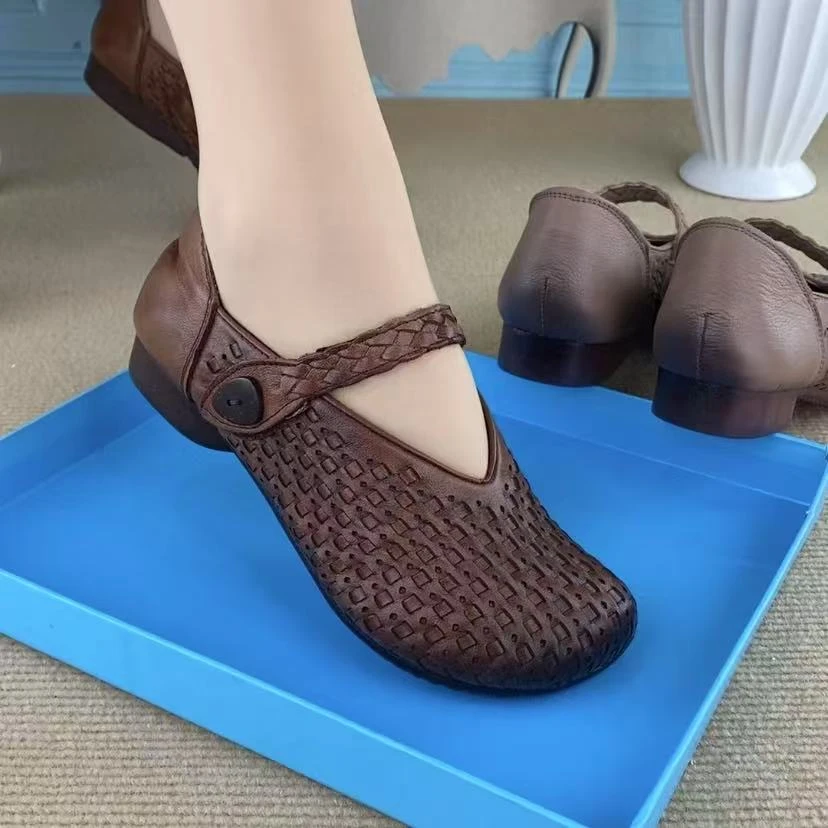 RY88093春季新款真皮手工编织牛筋平底妈妈民族风一字带圆头单鞋