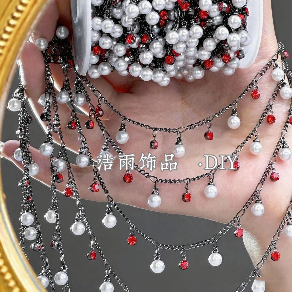 (洁雨饰品· DIY)  L00563   “黑天鹅”  黑红水钻仿珍珠链条diy
