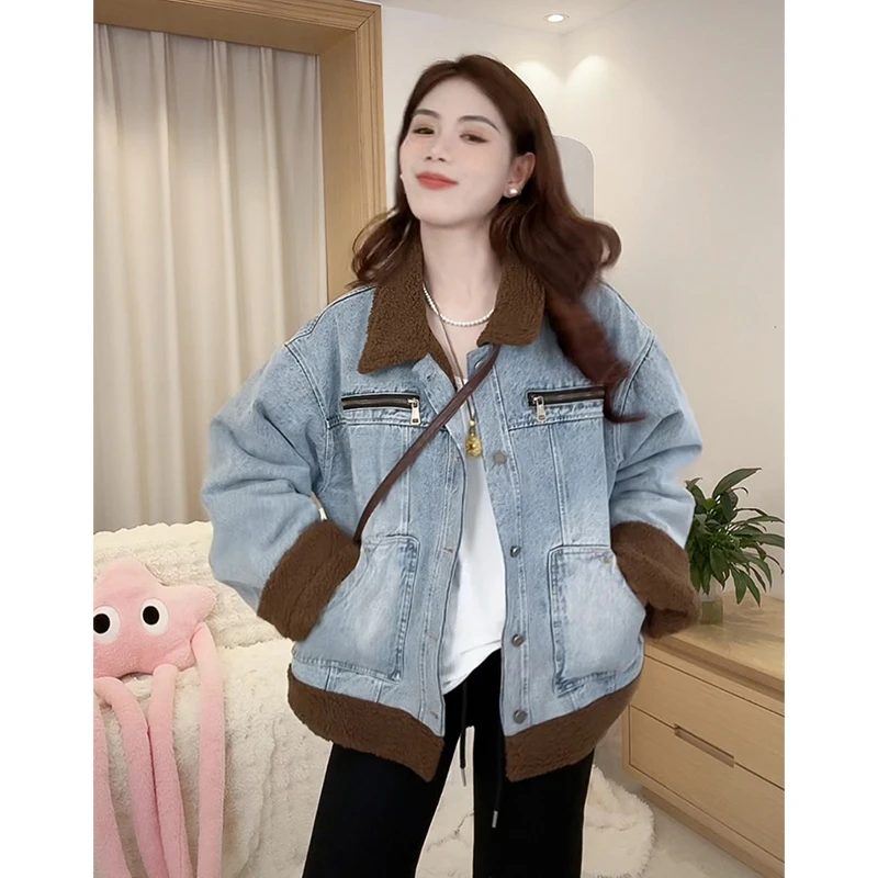 牛仔外套新款女加绒仿羊羔毛拼接美式复古宽松bf慵懒风上衣秋冬季