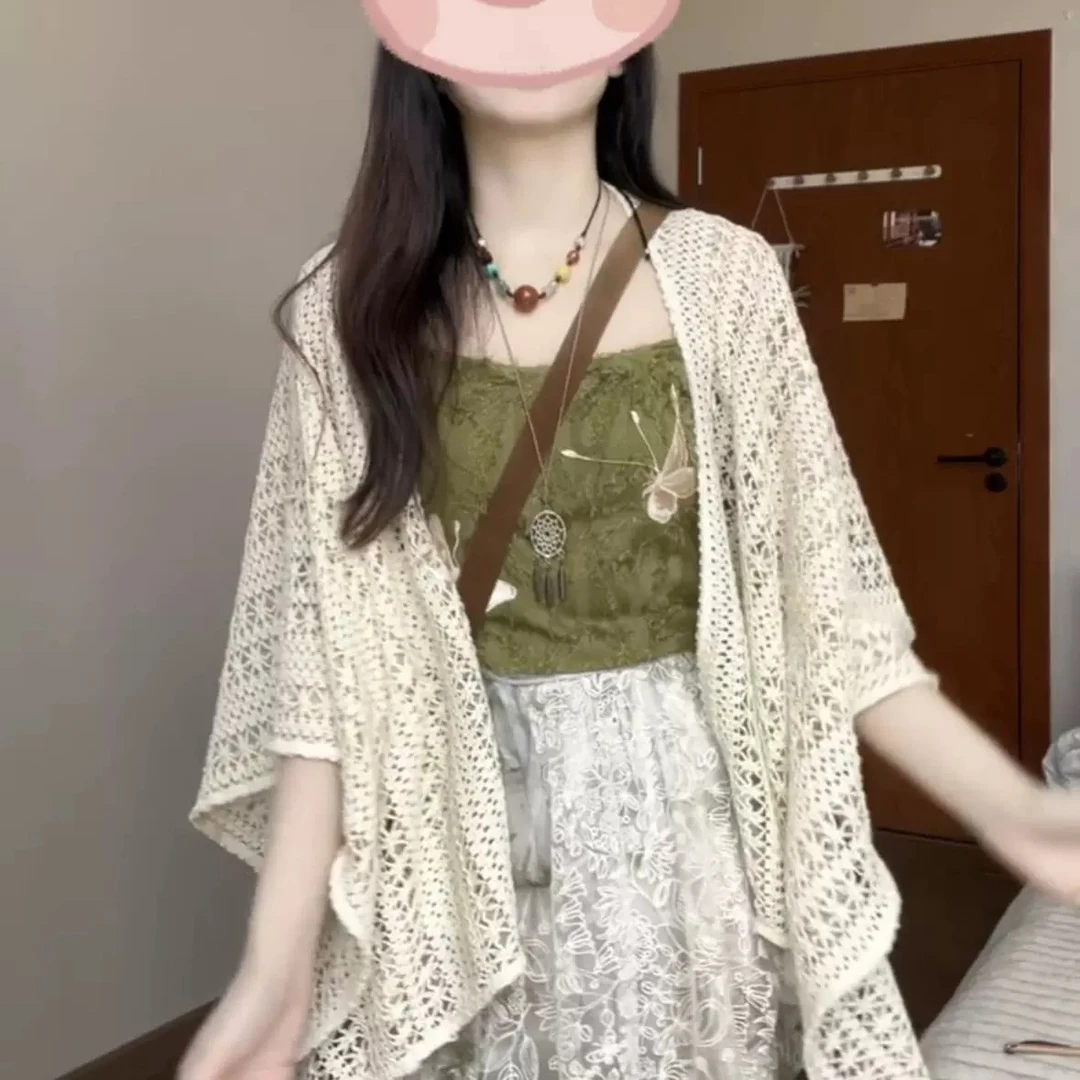 夏季新款波西米亚流苏镂空防晒罩衫蕾丝披肩开衫女度假风吊带外搭