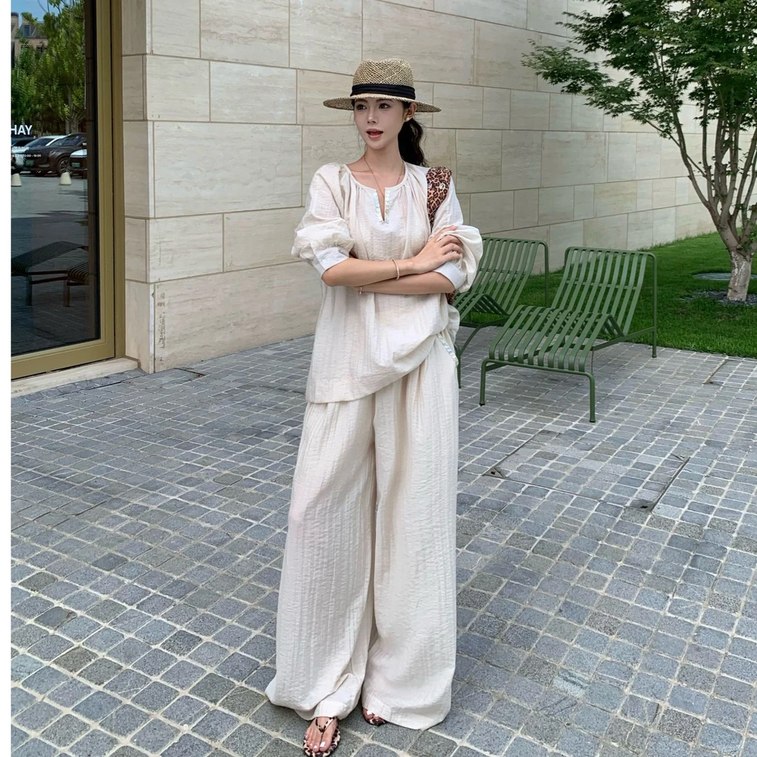 老钱风慵懒套装洋气气质手工缝扣v领宽松显瘦上衣高腰阔腿休闲裤