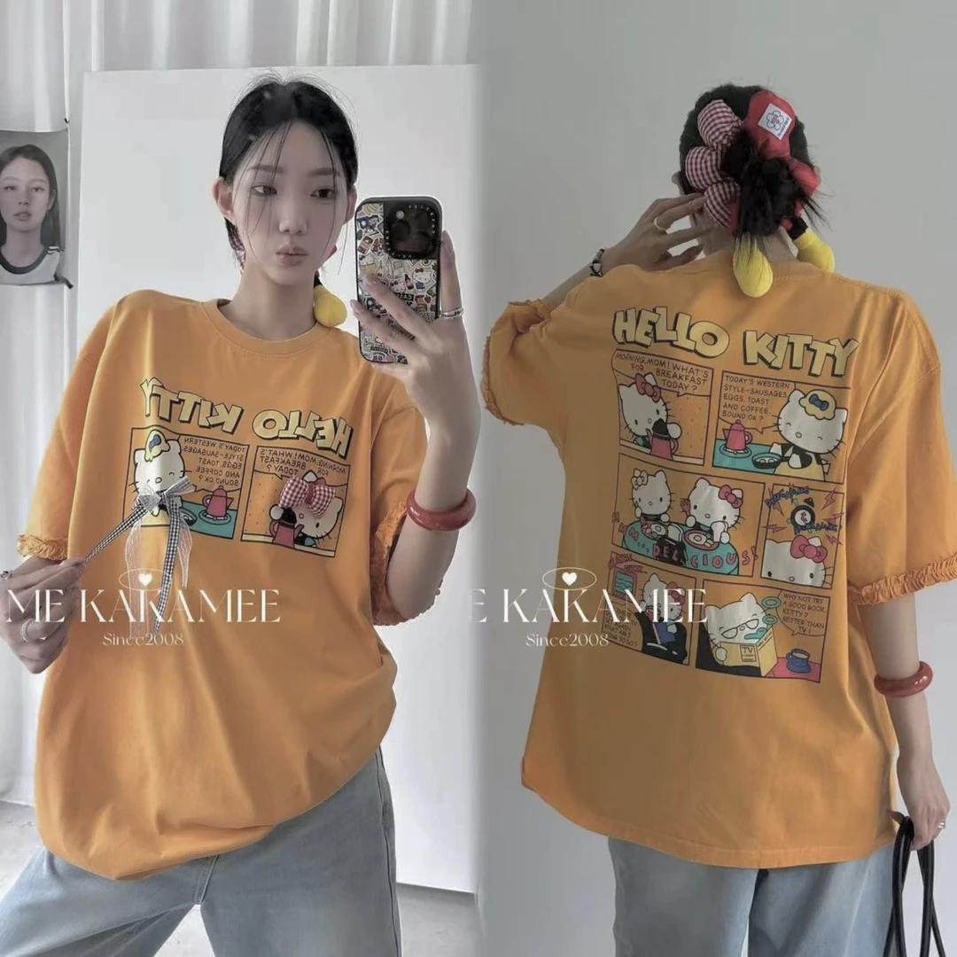 [ME家]KT下午茶纯棉T恤砂洗水洗正版前后印花大版猫咪短袖夏季薄