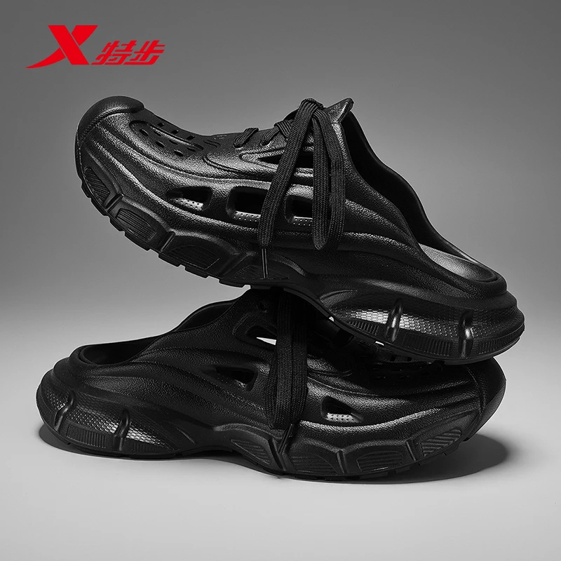 特步拖鞋男士款2025新款爆款干净感痞帅开车专用鞋透气洞洞包头鞋