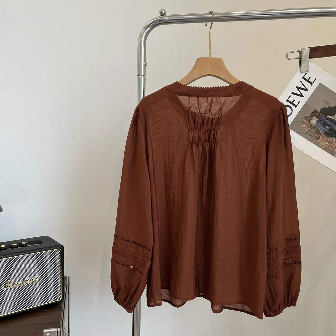 韩版秋季小众设设计师款钩花宽松显瘦长袖上衣衬衫