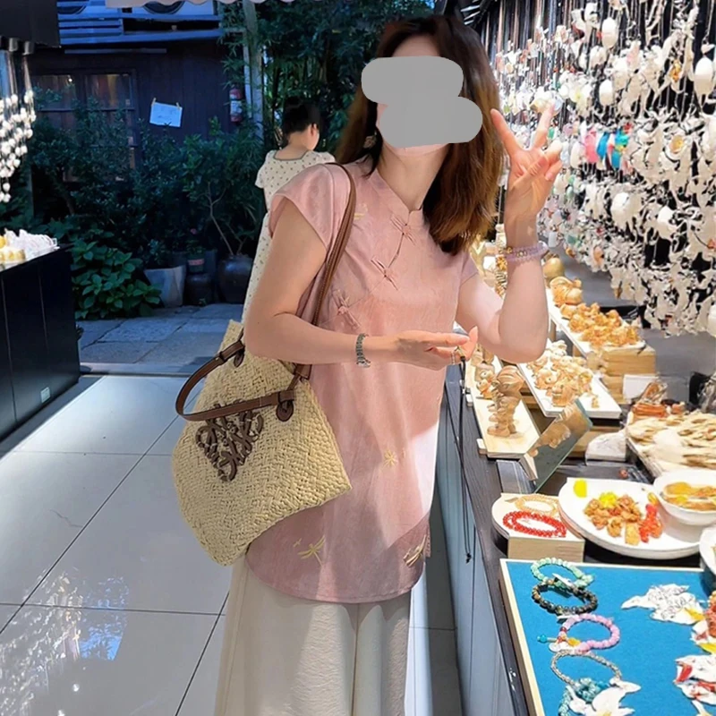 新中式国风甜美减龄粉色禅意上衣阔腿裤套装女夏季新款休闲两件套