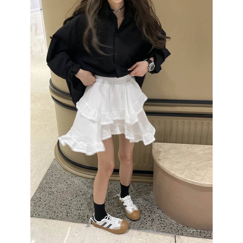 FREEDMST 白色半身裙女夏季不对称蕾丝边显瘦a字裙不规则短裙