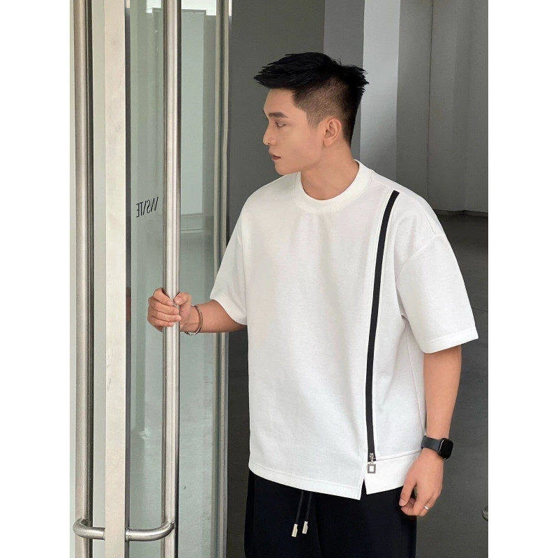 2025夏季新款纯色短袖圆领T恤男时尚潮牌休闲拉链开叉宽松ins男装