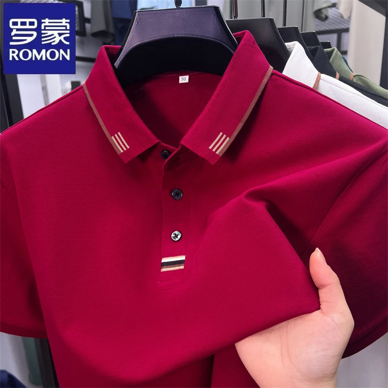 罗蒙红色商务爸爸装喜庆百搭短袖Polo衫夏季休闲翻领男士潮流t恤