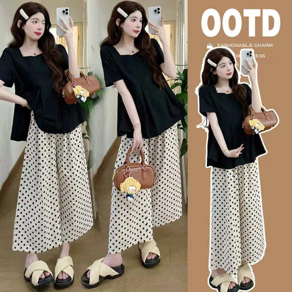 时尚高级感孕妇气质方领衬衫显瘦娃娃衫上衣+休闲波点托腹裤套装