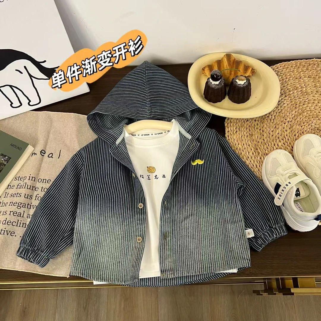 儿童春秋简韩刺绣胡子渐变条纹牛仔帽衫H1951