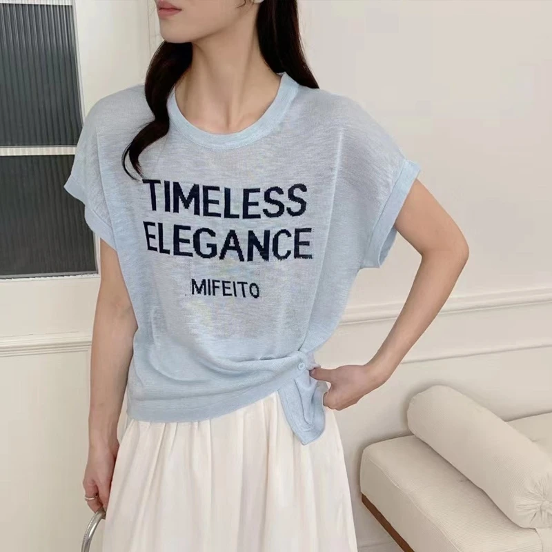 开叉侧边扣设计感韩系温柔蓝色上衣女装夏季别致飞飞短袖T恤冰丝