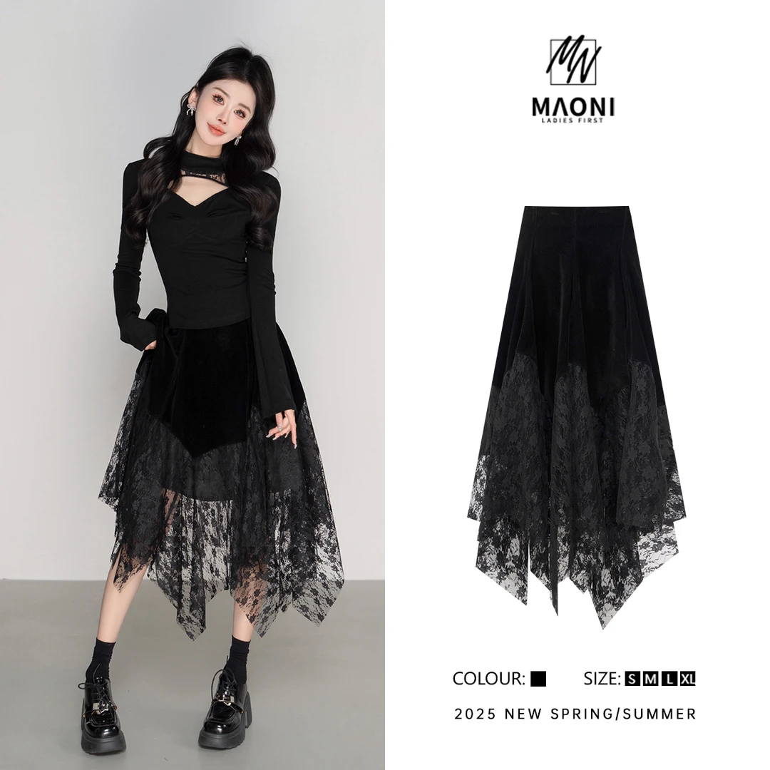 毛妮Peshe【不规则蕾丝裙】网纱设计感a字辣妹高腰半身裙春女L1346