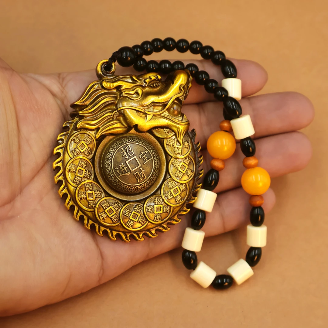 旋转黄铜龙牌吊坠手把件解压把玩转转复古吊牌