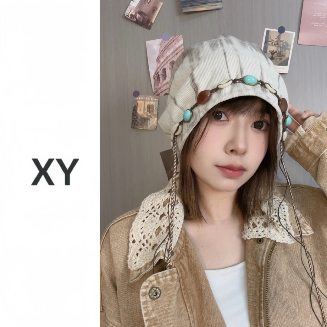 复古韩版波西米亚风绿松石慵懒风大头围堆堆帽秋冬百搭显脸小冷帽