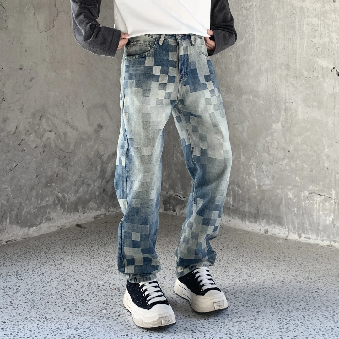 2025新款棋盘格牛仔裤男宽松直筒潮牌提花高街设计感显瘦休闲长裤