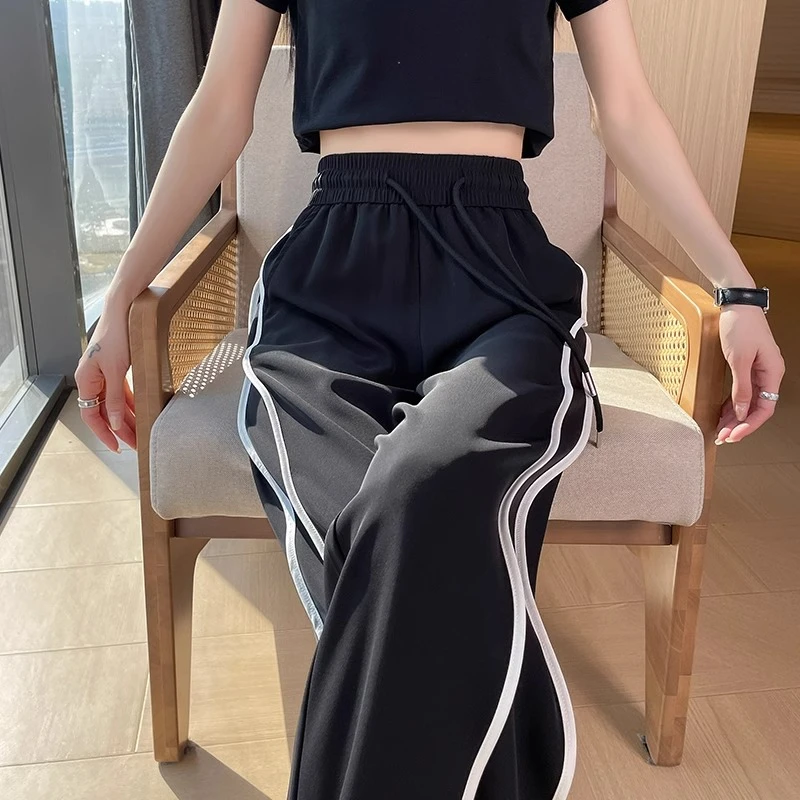 黑色西装阔腿裤女夏季新款高腰条纹显瘦直筒宽松垂感休闲运动卫裤
