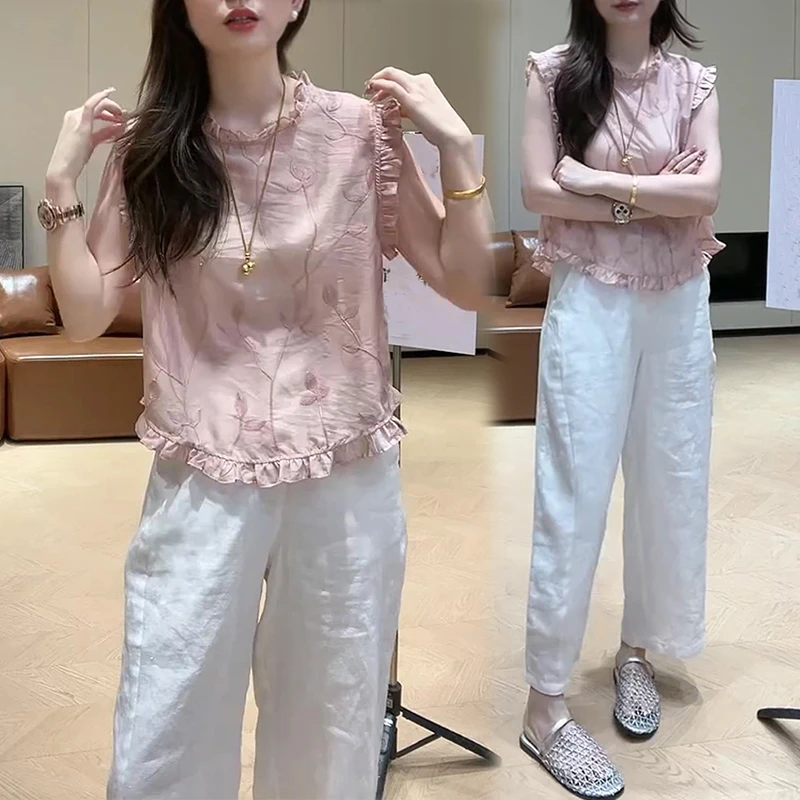 贵系纯欲慵懒风女装套装2026夏季新款中式木耳边衬衫阔腿裤两件套