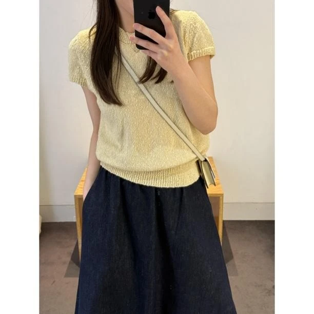 【如梦令】MEGANLE  简约百搭圆领特种大肚纱针织短袖T恤2025001