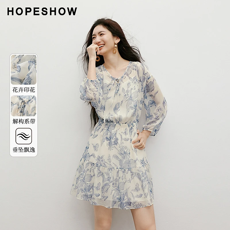 红袖2025夏季碎花新款女装解构系带灯笼袖印花连衣裙90125231605