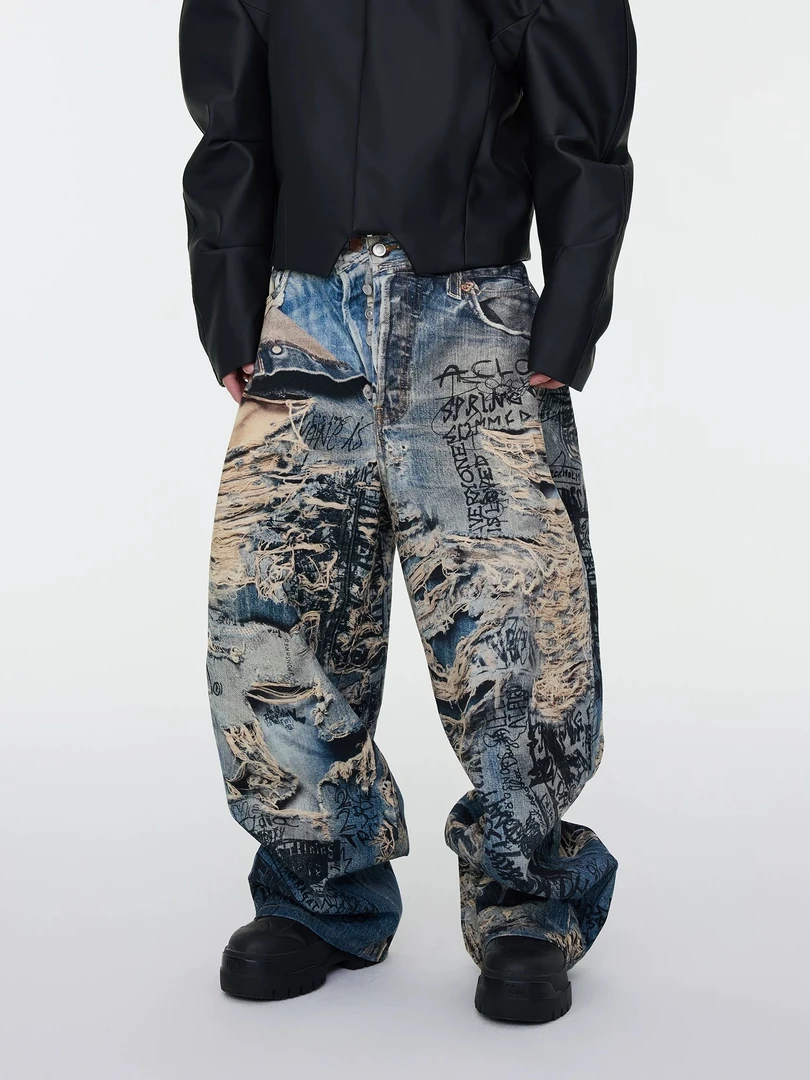 Eyecollector美式复古破洞撕裂错视觉3D打印牛仔裤蓝色街头潮长裤