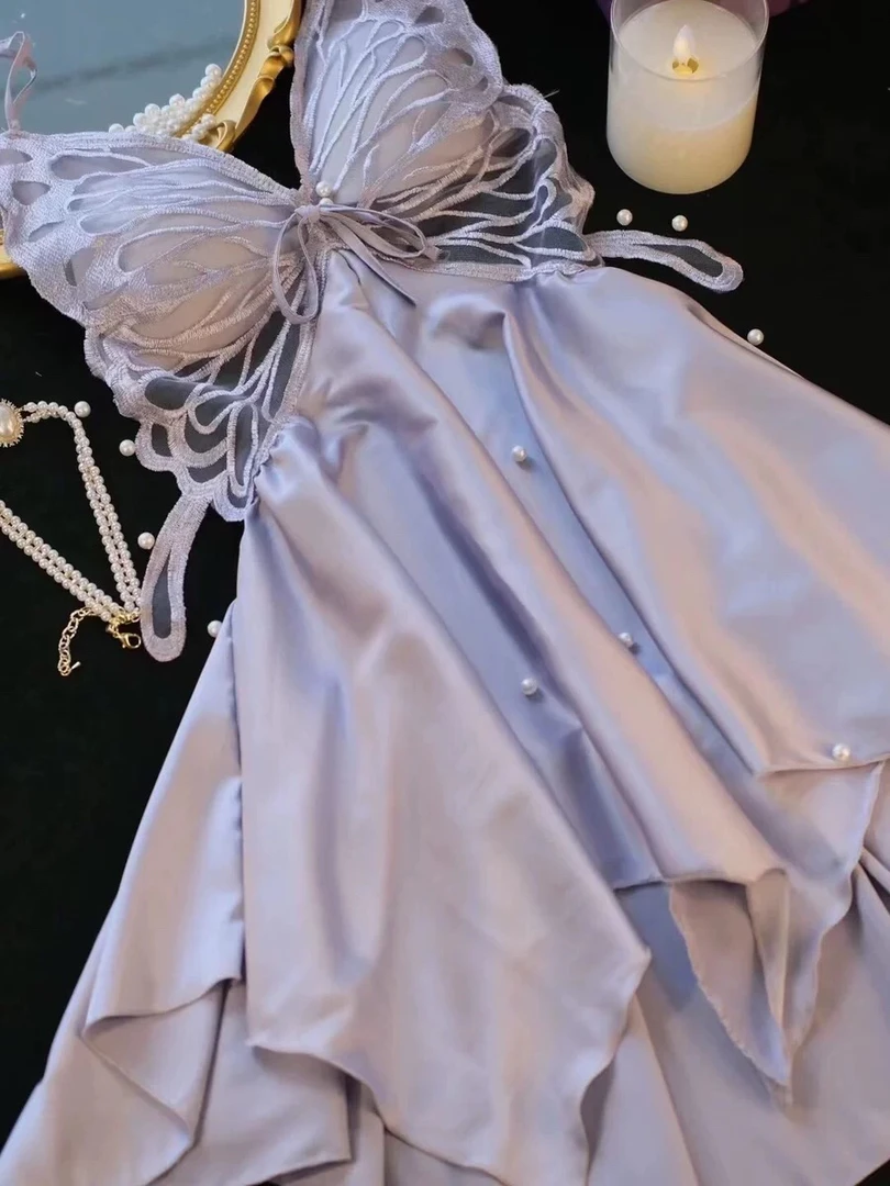 性感内衣冰丝睡衣加胸垫聚拢蝴蝶结睡裙外袍家居服套装挂脖露背