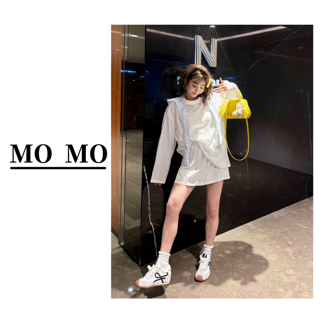 MOMO【净版休闲·套装】2025新款亚麻百搭舒适宽松长袖T➕松紧腰短裙