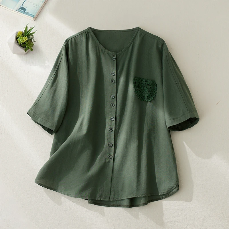 2025年夏季新款棉麻中袖衬衣开衫女立体钩花口袋短袖纯色衬衫上衣