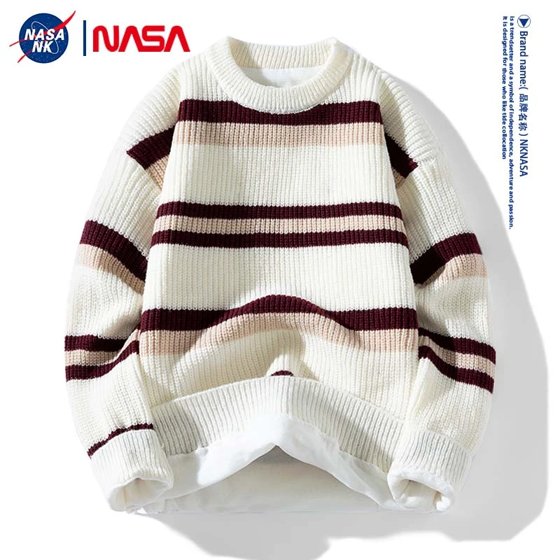 NASA联名日系复古撞色条纹男士毛衣冬季潮牌宽松慵懒风圆领针织衫