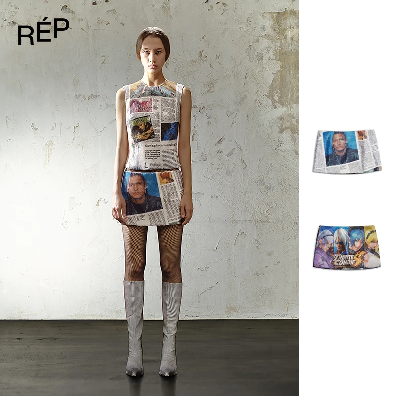 REP-TRINITE设计师品牌亮片游戏/报纸印花拼接短裙裤 25FW新品