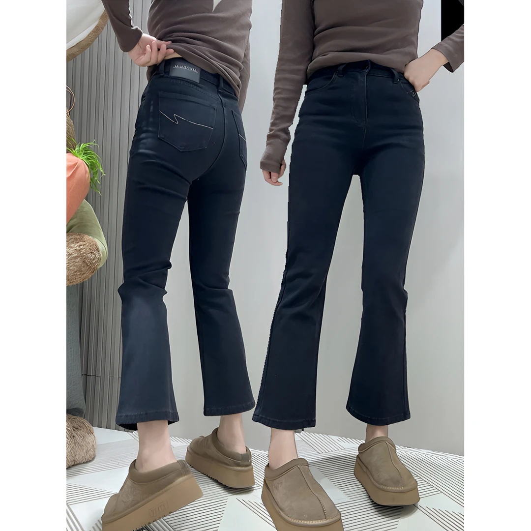 梨型身材春秋新款高腰显瘦休闲牛仔裤大码女装修身弹力九分微喇裤