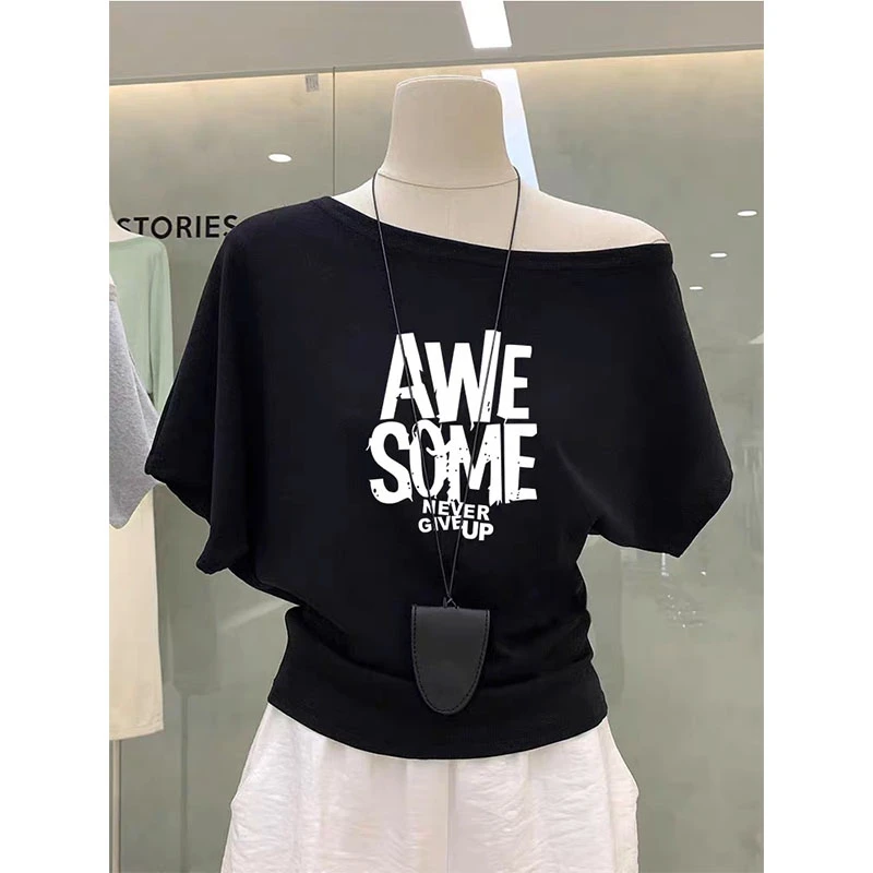 小众设计感斜肩t恤女2025新款收腰显瘦短袖时尚休闲青春夏薄款上